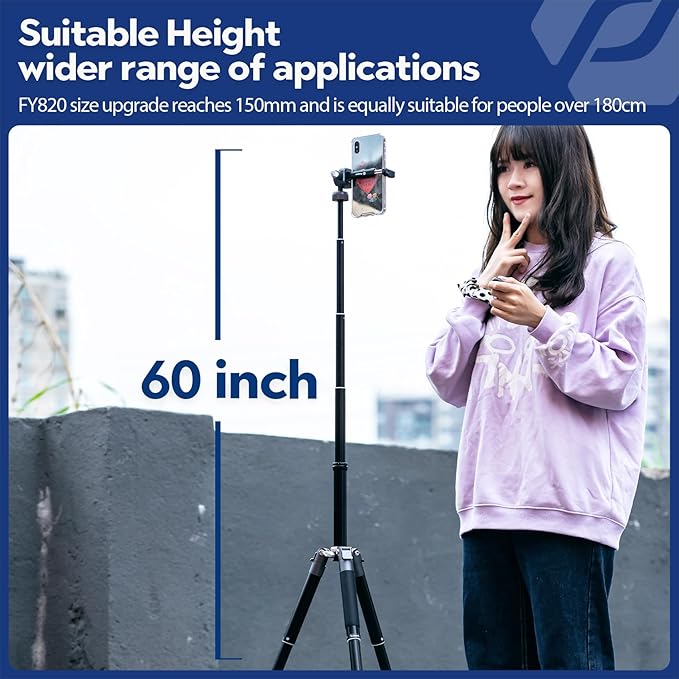 Fotopro Mini Tripod, 60" Lightweight Compact Travel Tripod with 360 Degree Ball Head Phone Mount Detachable Selfie Stick, Camera Phone Tripod Max Load up to 8.8 lbs, Free-1 Grey
