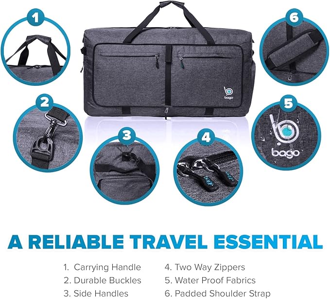 Bago Large Foldable Duffel Bags for Traveling Women & Men - 100L Packable Duffle Bag for Travel with Shoe Compartment - Water Repellant, Heavy Duty, Lightweight Folding & Collapsible (SnowBlack)