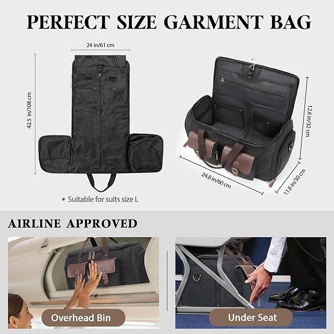 Canvas Garment Bags for Travel, Convertible Carry On Garment Duffel Bag for Men Women, 2 in 1 Suit Bag Hanging Suitcase Business Travel Bag with Shoe Compartment (Black, XL)