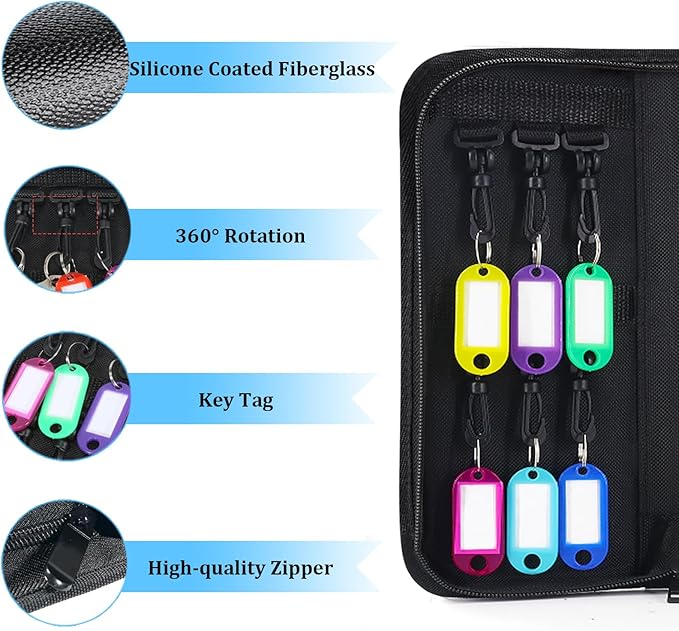 Portable Zippered Key Organizer, Fireproof & Waterproof Key Case with 12 Key Hooks & Tags, Portable Key Storage Organizer for Real Estate Sales,Hotel Executives, Car Service