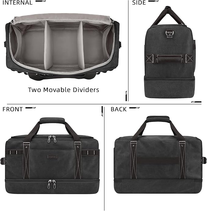 ZOMFELT Travel Duffle Bag for Men, Waterproof Canvas Overnight Duffel Bag with Removable Dividers & Shoe Compartment, Carry On Weekender Gym bag, Multi-Pocket & Vintage Design (Washed Black)