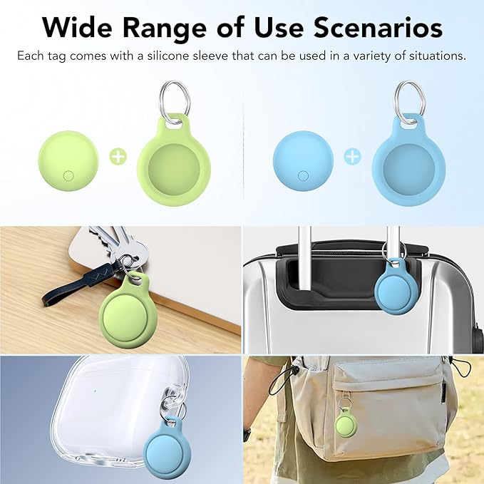 Air Tags Tracker 2-Pack, Item Finders Work for Apple Find My APP(iOS Only) Tracker Tags for Keys, Luggage, Backpack etc,Replaceable Battery, IP67 Waterproof with Holder Keychain,Sky Blue and Green