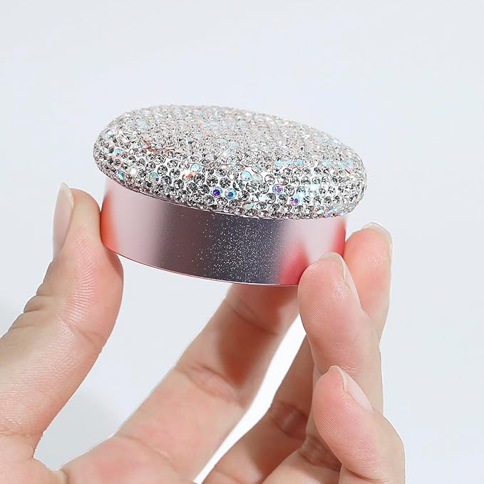 Small Pill Case 3 Compartments, Metal Round Portable Pill Box, Waterproof Travel Pill Organizer, Pocket Purse Medicine Vitamin Holder EDC Container (Rose Gold with Rhinestone)