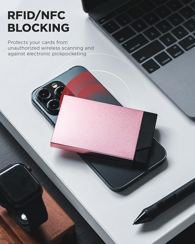 VULKIT Pop up Card Holder Minimalist Credit Card Holder RFID Blocking Slim Metal Card Case for Men or Women(Rose Gold)