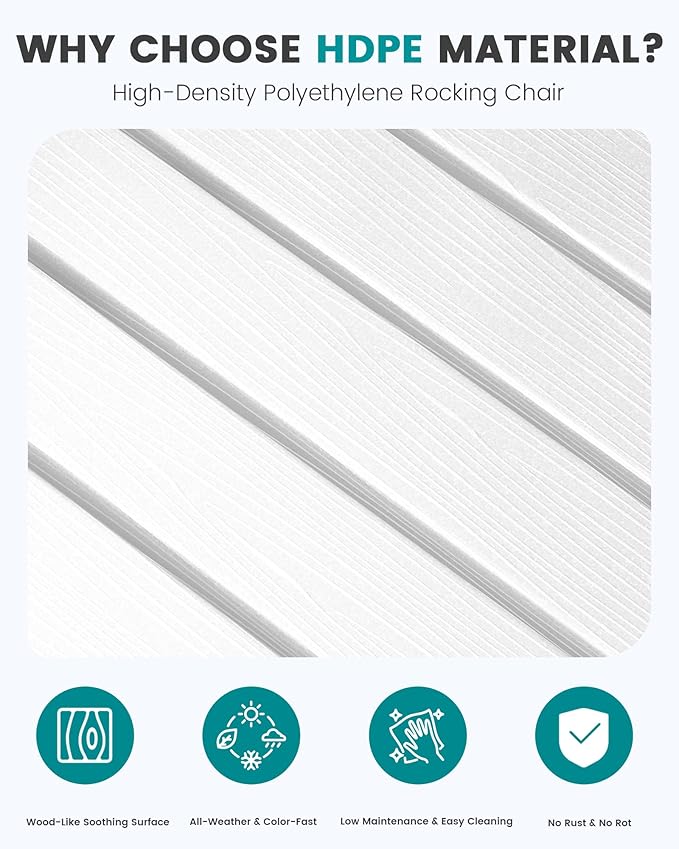 SERWALL Outdoor Rocking Chair, HDPE Patio Rocking Chair All-Weather Porch Rocker for Balcony, Yard, White