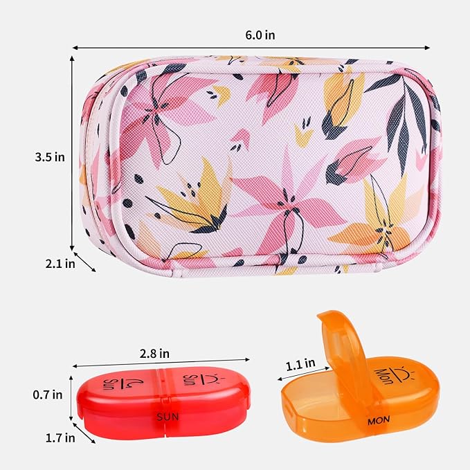 Serfeymi Weekly Travel Pill Organizer 2 Times A Day AM PM Upgraded Rainbow Pill Box 7 Day with Portable Zipper PU Leather Pill Case, Medicine Organizer for Pills, Vitamins, Fish Oils - Pink 03