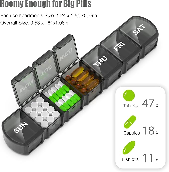 Extra Large Pill Organizer 3 Pack, XL Pill Box 7 Day, Weekly Pill Case with Large Capacity, Jumbo Organizer, BPA Free (Black+White+Blue)