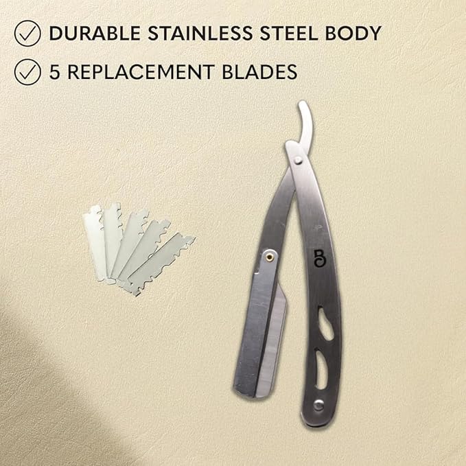 The Beard Club Straight Razor for Men - Navajas Para Barbero - Barber Straight Edge Razor Kit - Single Derby Blade Cutthroat With 5 Replaceable Stainless Steel Blades