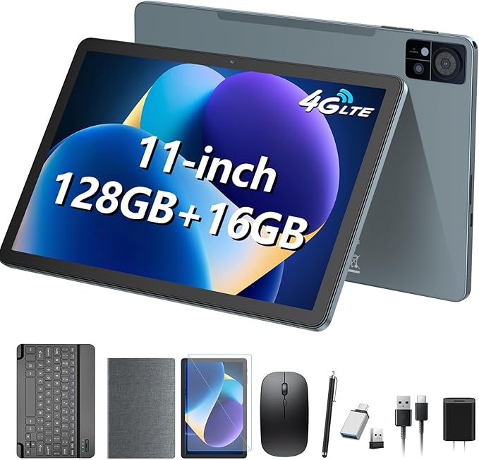 11 Inch Tablet, Android 14 Tablet with Sim Card Slot, 128GB+16GB+1TB Expandable, 2.0Ghz Octa-Core, 8000mAh Battery, Incell Screen, 21+8MP Dual Camera, 5G WiFi, Tableta with Keyboard/Mouse/Case, Gray
