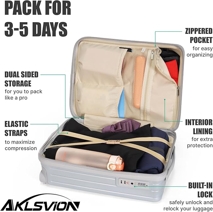 18-inch Carry-on Boarding Luggage: Equipped with Movable Wheels, TSA Approved,Under the Seat, Hard Shell Construction, Lightweight Bag with Essential Accessories (Pearl Silver)