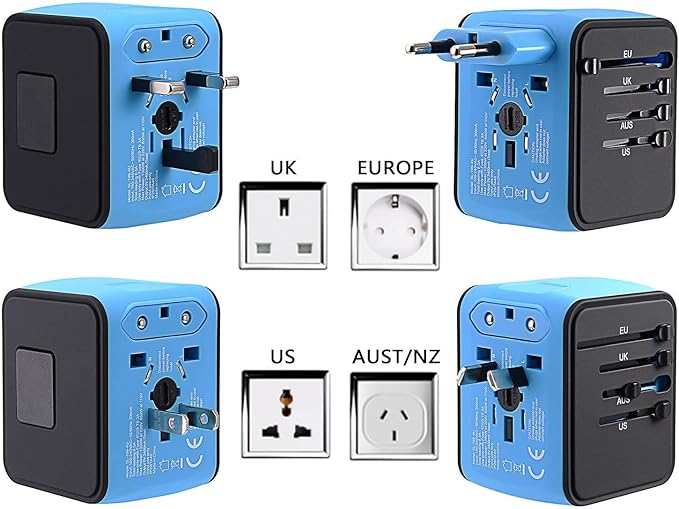 International Travel Adapter Universal Power Adapter Worldwide All in One 4 USB-A Ports Perfect for European US, EU, UK, AU 200+ Countries (Blue)