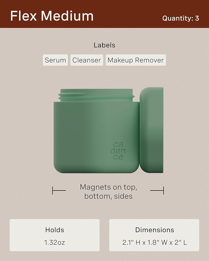 Cadence Travel Containers - Core Skincare Set - Magnetic Containers with Lids,2 Small (0.56oz) & 3 Medium (1.32oz) - Cleanser, Moisturizer, Serum, Makeup Remover & Sun Icon Labels - Charcoal