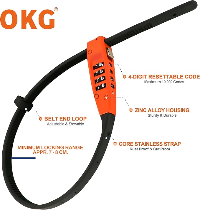OKG 4-Digit Combination Zip Tie Lock - Anti-Scratch Stainless Steel Cable Bike Lock with Resettable Code, Secure Helmets, Skis, Prams, Luggage, Cabinet, French Doors, and More (Orange)