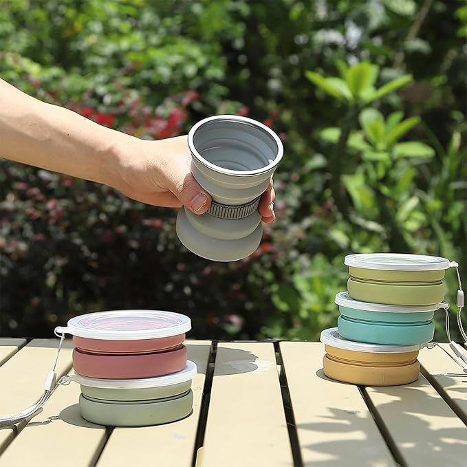 IYYI Collapsible Travel Cup, 10.5 OZ Foldable Cup with Lid, Silicone Folding Cups for Camping, Hiking, Outdoors, Travel, Portable Camping Mug (Pink+Gray)