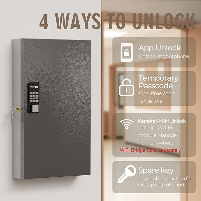 WeHere 192 Key Lock Box Wall Mount, APP Bluetooth/OTP/Wi-Fi/Fixed Code/Key Unlock, Smart Key Cabinet with Key Tag, Key Organizer Holder Box, Key Management Directory for Office, Valet, Realtor, Hotel