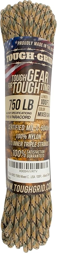 TOUGH-GRID 750 Paracord Rope Nylon Parachute Cord, Made in USA Survival Kit, Outdoor Adventures, Camping, Tactical Gear & Emergency Supplies, Military Type IV Mil-Spec