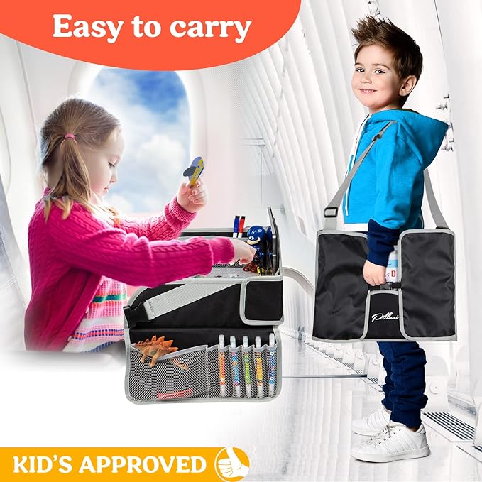 PILLANI Kids Travel Tray for Car - Car Seat Tray for Kids Travel, Car Trays for Kids Roadtrip Essentials, Carseat Table Tray for Kids Road Trip Activities - Toddler Lap Desk Organizer for Airplane