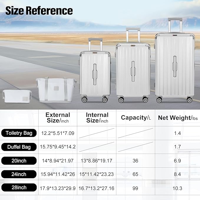 Romswi Suitcase Set with TSA Lock Cup Holder, Hardside Spinner Suitcase with Duffel Bag, Lightweight Durable PC+ABS White 5 PCS(20/24/28inch)