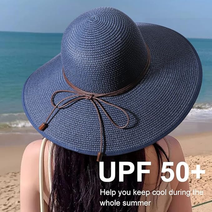DRESHOW Beach Hats for Women Big Straw Wide Brim Summer Hat Floppy Foldable Roll up Cap Sun Hat UPF 50+