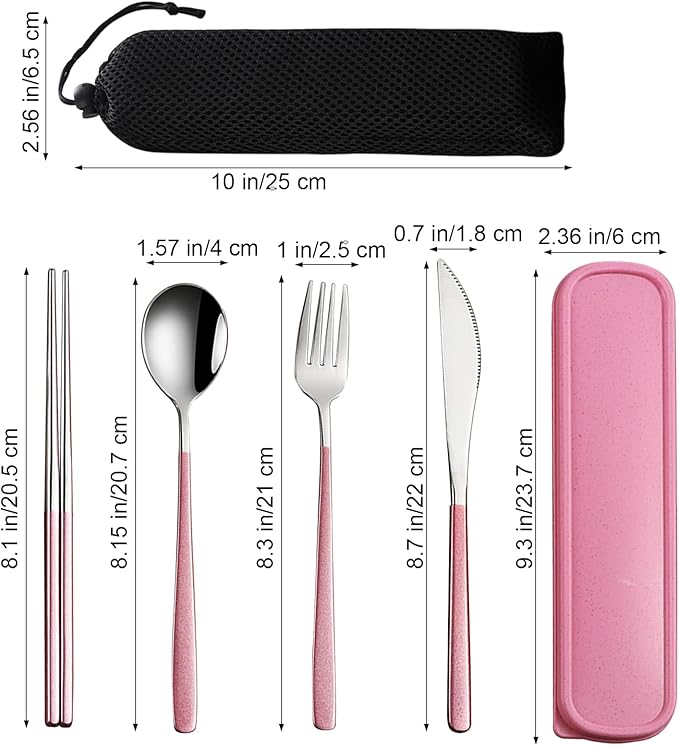 VANRA 4-Piece Portable Travel Utensils Set with Case 18/8 Stainless Steel Flatware Set Reusable Cutlery Set with Fork Spoon Knife Chopstick for Lunch Travel Camping School Work Picnic (Pink)