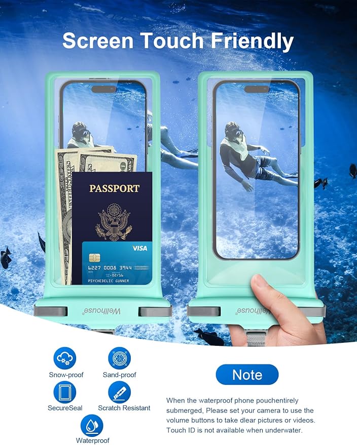 wellhouse Waterproof Phone Pouch, Waterproof Phone Case for iPhone 16 15 14 13 12 Pro Max XS Samsung, IPX8 3D Cellphone Dry Bag Beach Essentials (1 Pack - Crystal Green8.0, 8 inch)