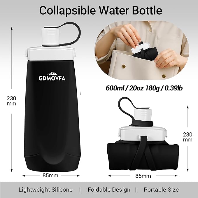 Collapsible Water Bottles,20oz Reusable Silicone Foldable Water Bottle,Portable Leak-proof Travel Water Bottle for Traveling Camping Hiking Cycling Yoga Sports Outdoor