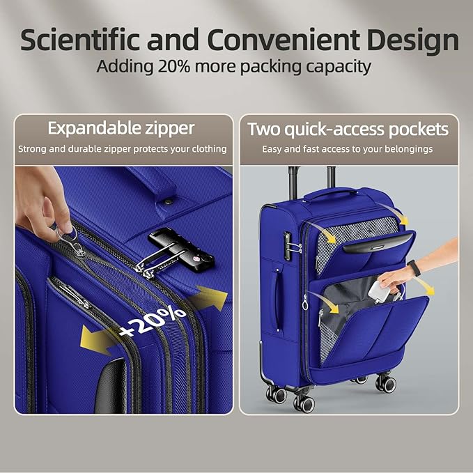 SHOWKOO Luggage Sets 3 Piece Softside Expandable Lightweight Durable Suitcase Sets Double Spinner Wheels TSA Lock Royal Blue (20in/24in/28in)
