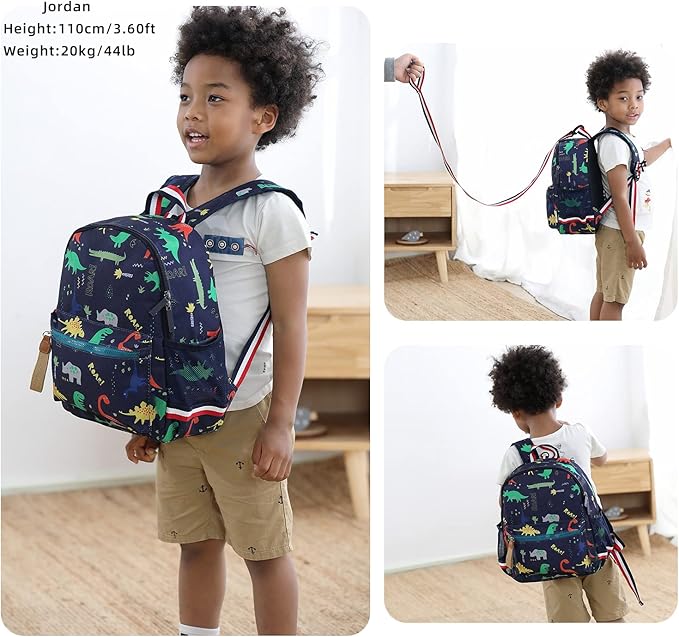 willikiva Cartoon Bus 12 Kindergarten Backpack for Kids Girls and Boys,Waterproof Preschool Toddler Backpack Wiht Leash and Safety Harness (Green Dinosaur)