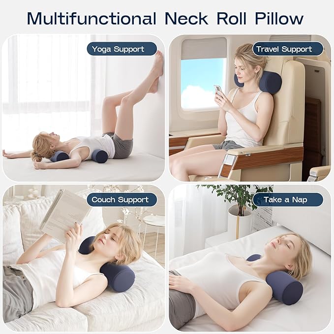 Neck Roll Pillow for Neck Pain Relief - Memory Foam Neck Support Pillow for Bed | Round Neck Pillow for Sleeping, 16 * 6.3 * 6.3inch ((Navy-Blue)
