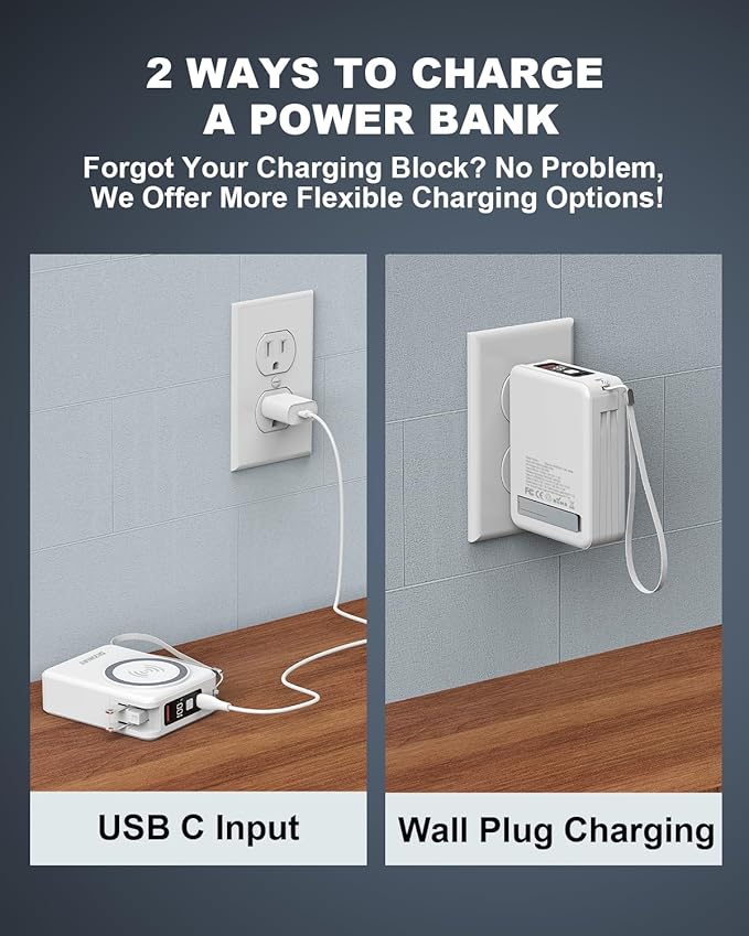 for Magsafe Portable Charger Power Bank 10000mAh, 22.5W Battery Pack Fast Charging Wall Plug Power Bank for iPhone Andriod Sumsung Travel Charger with Built in USB C & Lightning Cables