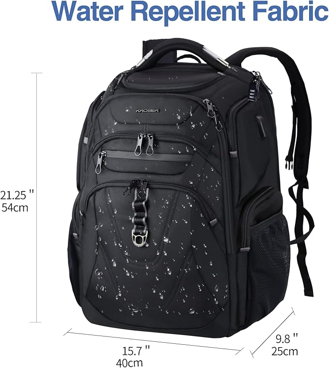 KROSER TSA Friendly Travel Laptop Backpack 18.4 inch XXXL Gaming Backpack Water-Repellent College Daypack Business Backpack with RFID Pockets & USB Port for Men/Women-Black