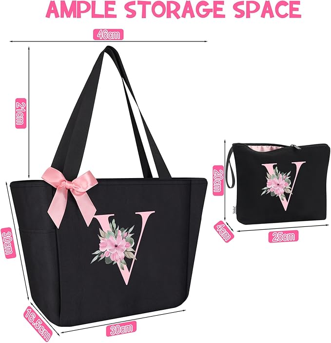 Vavabox Tote Bag, A-Z Initial Monogrammed Waterproof Tote Bag, Bridesmaid Gifts for Women, Black and Pink