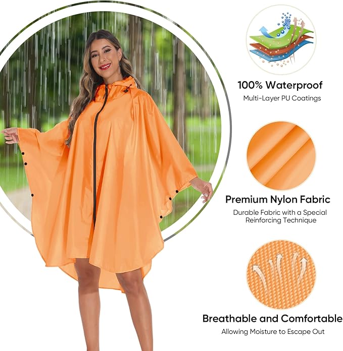 PTEROMY Hooded Rain Poncho for Adult with Pocket and Zipper, Waterproof Lightweight Raincoat for Men and Women