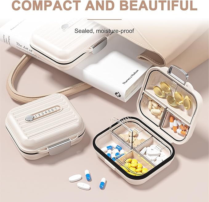 Travel Pill Organizer Box with Labels, 7 Compartments Portable Mini Pill Case, Daily Medication Organizer Storage Pill Container for Pocket Pharmacy(Pearly White, S)