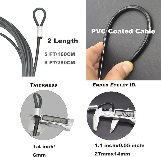 5FT 6mm Stainless Steel Security Cable Lock,Braided Steel Vinyl Coated Safety Cable Luggage Lock,Flexible Steel Cable Security Wire Rope Double Loop