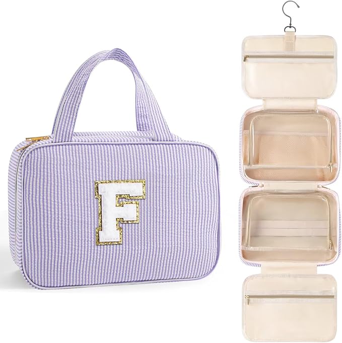 TOPEAST Gifts for Friends - Friendship Gifts for Women, Travel Toiletry Bag for Women, Hanging Toiletry Bag, Monogrammed Initial Tolietry Pouch Makeup Bag - Letter F, Purple