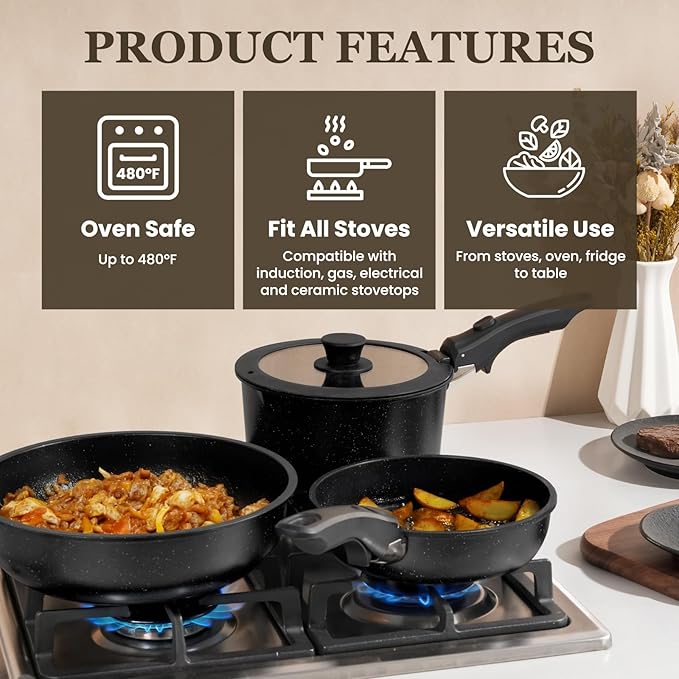 KIKCOIN Pots and Pans Set, 30 Pack Nonstick Cookware Set Detachable Handle, Induction RV Kitchen Cooking Set with Removable Handle, Frying Pans, Casserole - Dishwasher/Oven Safe, PFOA Free