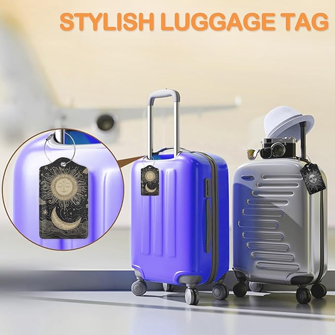 Vintage Boho Sun and Moon 3 PCS Luggage Tags, Leather Suitcase Tags with Privacy Cover Name Address Labels and Durable Steel Loop for Men/Women Travel Bag Suitcases