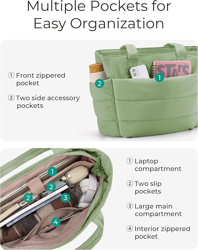 BAGSMART Tote Bag for Women, Lightweight Puffy Tote Bag with Compartments Shoulder Bag Handbag for Travel, Work, Gym,