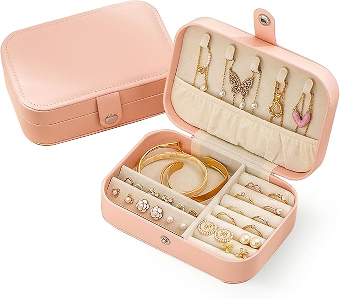 Travel Jewelry Box,Jewelry Travel Case, Small Jewelry Box,2 Layer Travel Jewlery Case, PU Leather Mini Portable Jewerly Storage Display Holder for Earrings, Ring, Necklaces, Bracelets (Pink)