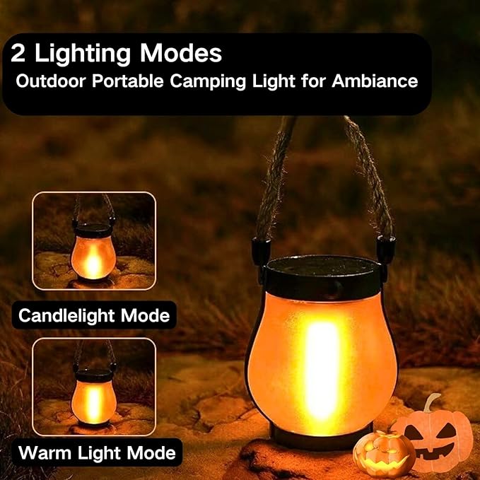 Solar Lantern Outdoor Lights, Flickering LED with Hemp Rope Handle, Dual Charging (Solar & USB), Water-Resistant Hanging Decor for Garden, Yard, Patio, Porch, Pathway, Camping (4)