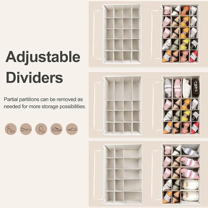 Shoe Organizer for Closet, Foldable Shoe Box with Adjustable Dividers and Clear Cover, Space Saving Shoe Storage Organizer Cabinet with Reinforced Handles, Fits 20 Pairs, Beige TP10Y