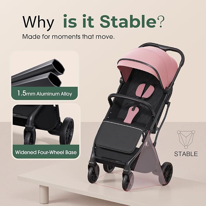 newyoo Baby Travel Stroller, Compact & Airplane-Friendly, Lightweight Infant/Toddler Stroller w Telescoping Handle, Cup Holder & Storage Pocket, One-Hand Easy Fold, Near Flat Recline Seat, TR18, Pink