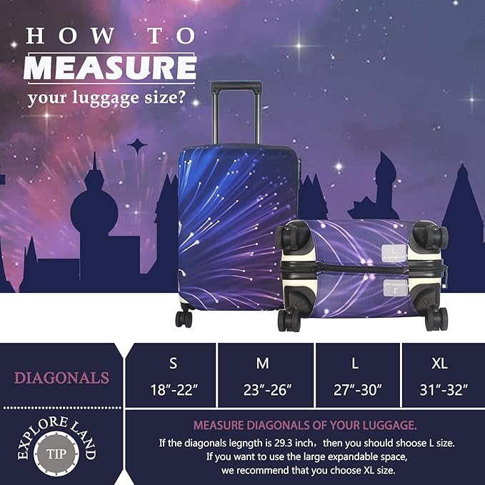 Explore Land Travel Luggage Cover Suitcase Protector Fits 23-26 Inch Case (Fireworks, M)