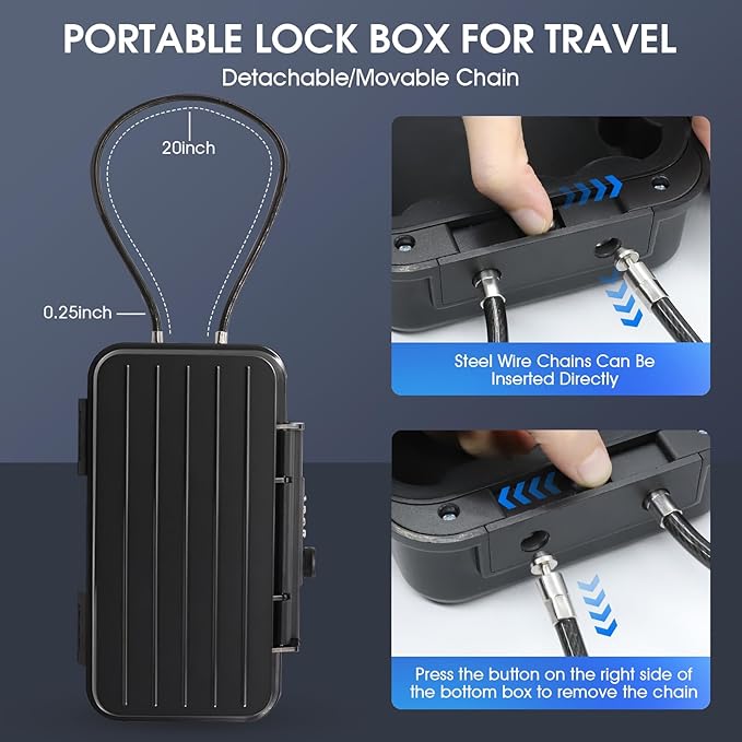 Beach Lock Box,Travel Safe Lock Box with Removable Chain,Locking Boxes with Code,Portable Lockbox for Travel Safe,Personal Items,Beach,Gym,Hotel,Dorm,Black