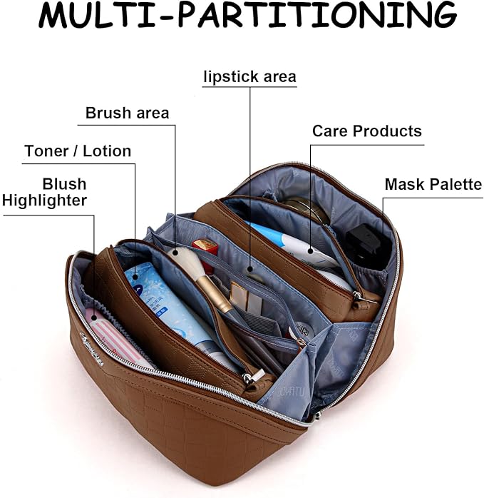 Travel Makeup Bag Organizer Cosmetic Bag: 3 Pcs Set Make up Bags for Women with Handle - Waterproof Vegan Leather Toiletry Bags with Comparments (C-03-Brown)