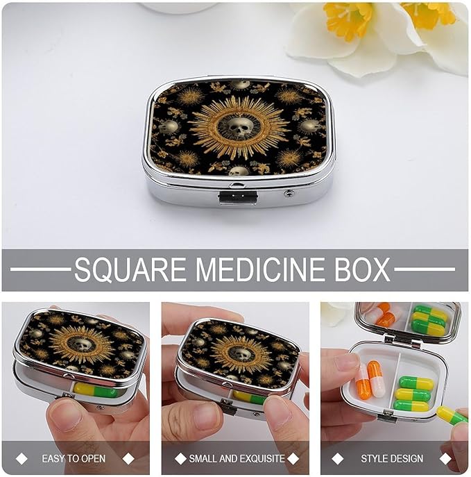 Metal 2 Compartment Pill Organizer Travel Friendly Portable Compact Pill Box Cute Pill Case,for Pocket Wallets Daily Portable Medicine Vitamin Tablet Storage (The Skeleton in The Center)