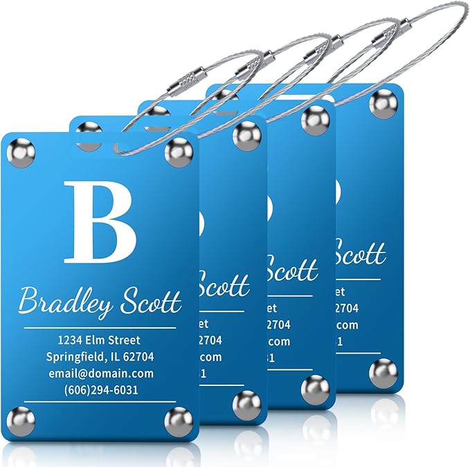 4 Pack Personalized Luggage Tags for Suitcases, Handmade Engraved Stainless Steel Custom Luggage Tags for Cruise Travel with Stainless Loop, Suitcase Identifier Metal Name Baggage Tag