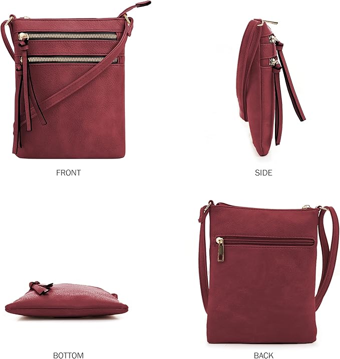 DELUXITY | Crossbody Purse Bag | Functional Multi Pocket Double Zipper Purse | Adjustable Strap | Small Size Purse |Wine