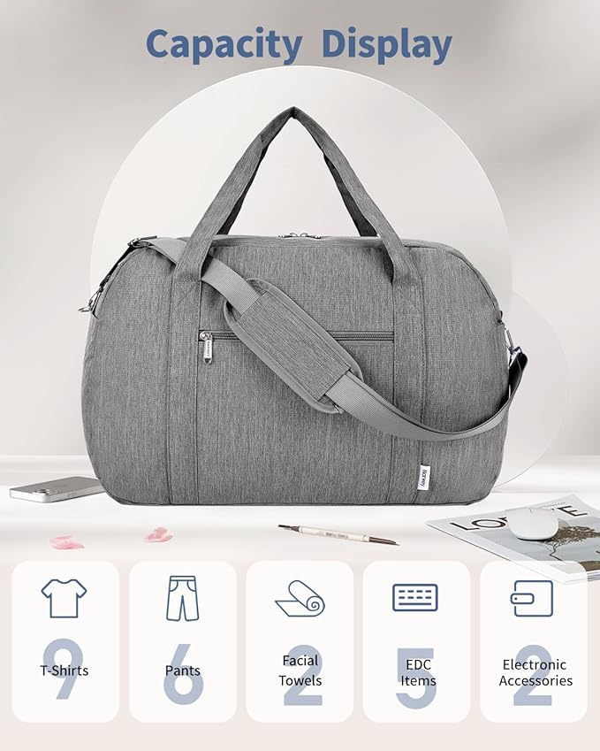 Narwey Carry on Bag 22x14x9 Airlines Approved, Carry on Duffle Bag for Airplane with Wet Pocket, Travel Duffel Bag Luggage Bag Weekender Overnight for Women Men (Grey)